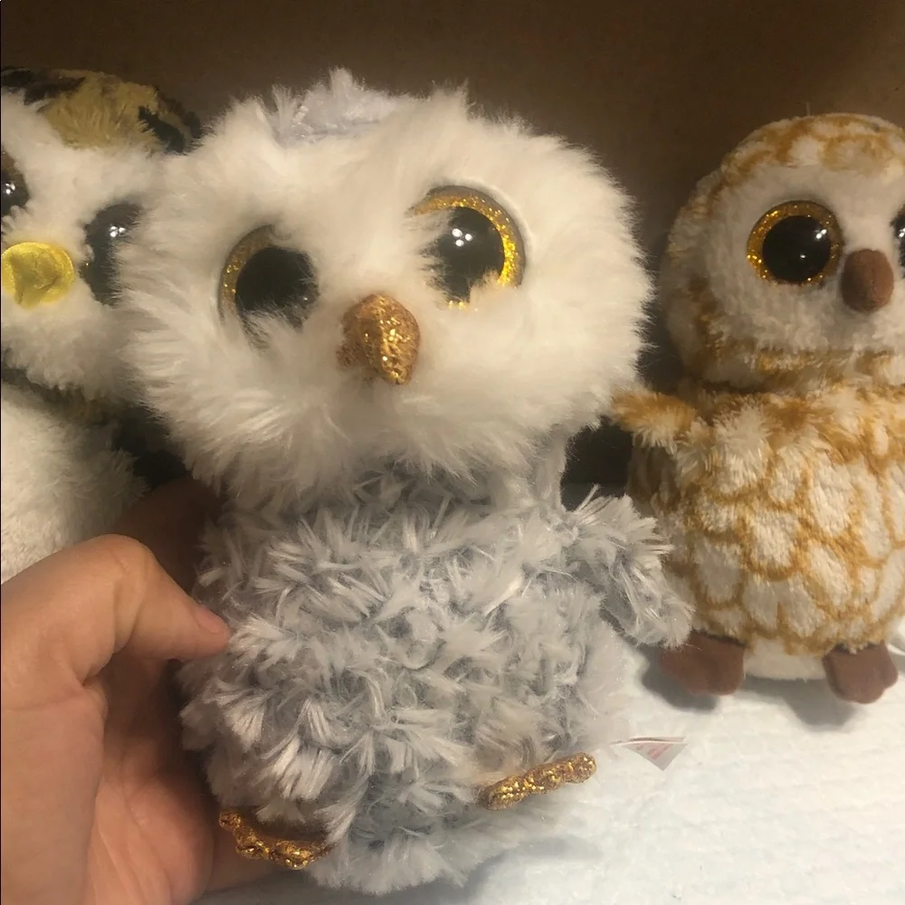 Ty Plush Owl Trio - White, Gray, Yellow, and Brown